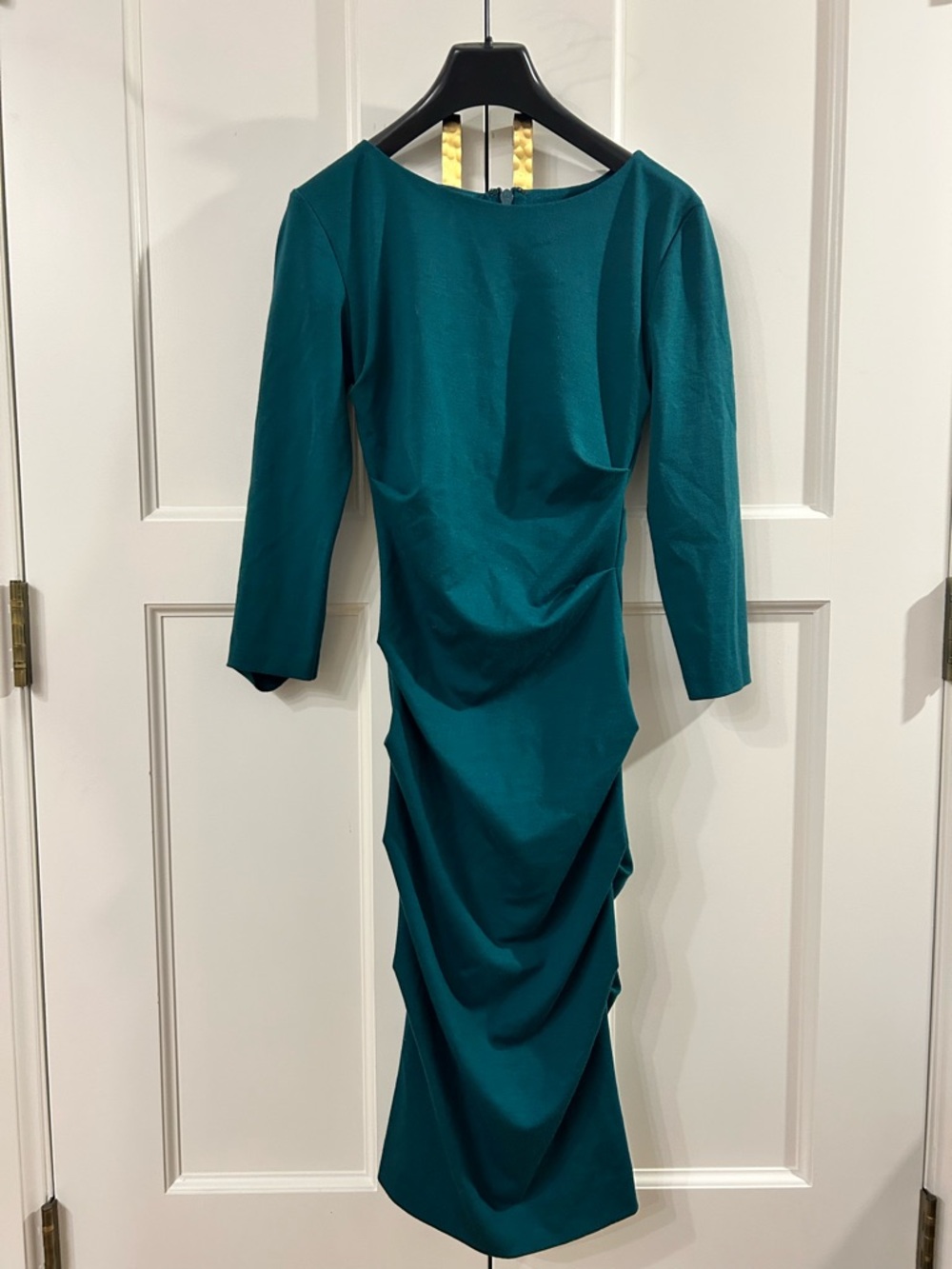 Green Long-Sleeve Ruched Midi Dress